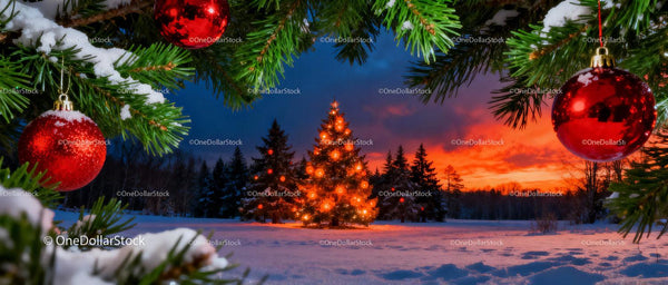 Decorated Christmas Tree Illuminated at Winter Sunset