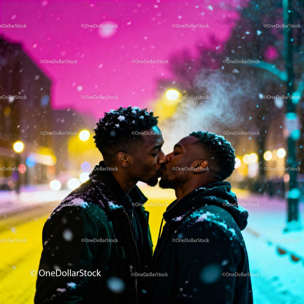 Couple sharing a tender kiss on snowy urban night