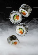 Fresh salmon sushi rolls floating with misty smoke