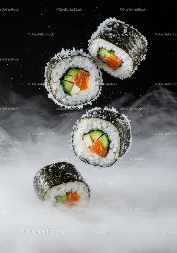 Świeże rolki sushi z łososiem unoszące się w mglistym dymie