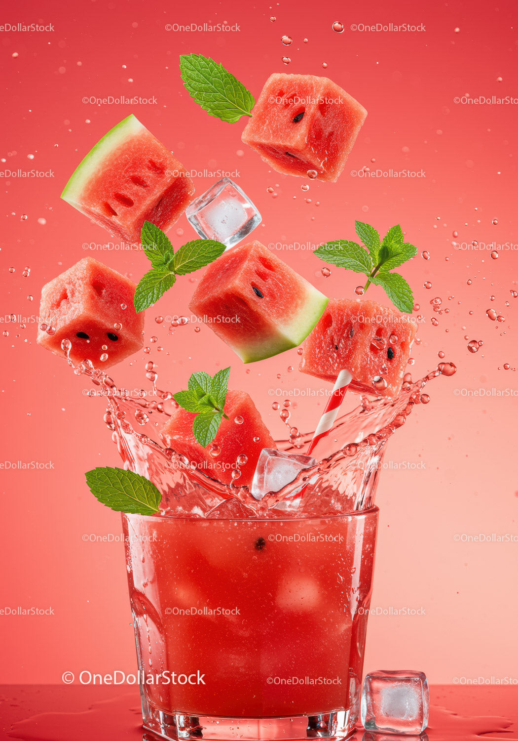 Refreshing watermelon cocktail with ice and mint splash