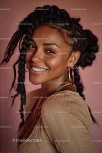 Joyful Smiling Woman with Braids and Golden Jewelry Portrait