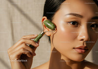 Close-Up of an Asian Woman Using a Jade Roller for Facial Skincare