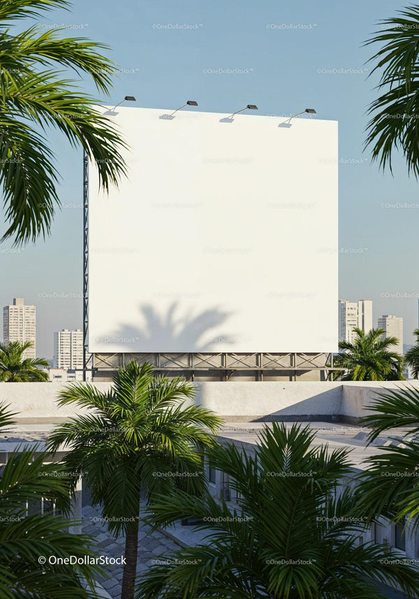 Blank billboard surrounded by palm trees in cityscape JPG Mockup Image
