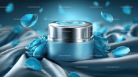 Luxury Blue Cosmetic Jar Surrounded by Elegant Floral Accents