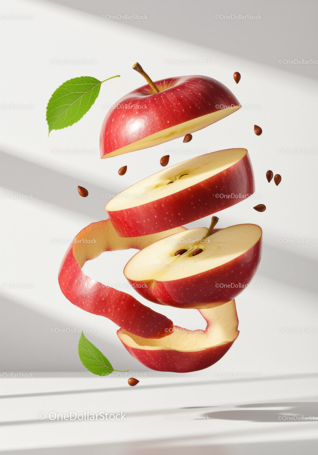 Red apple slices and peel floating with seeds and leaves