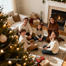 Family Gathering by Fireplace with Christmas Tree and Gifts