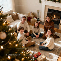 Family Gathering by Fireplace with Christmas Tree and Gifts