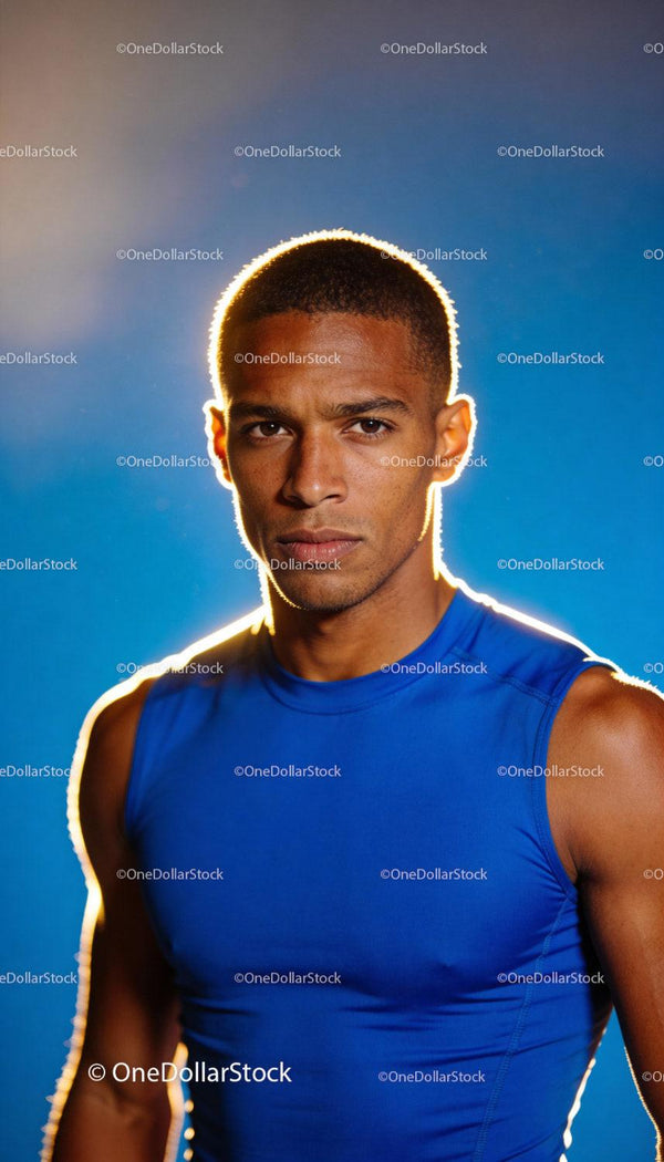 Focused athlete in blue sportswear with intense gaze