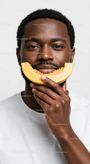 Close-up of a Man Holding a Cantaloupe Slice for a Healthy Lifestyle