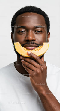 Close-up of a Man Holding a Cantaloupe Slice for a Healthy Lifestyle