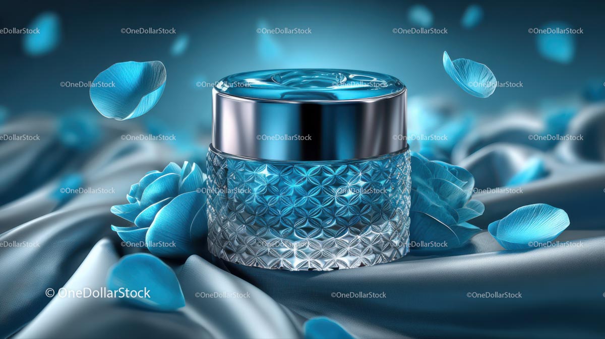 Elegant Blue Cosmetic Jar Among Delicate Petals