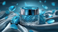 Elegant Blue Cosmetic Jar Among Delicate Petals