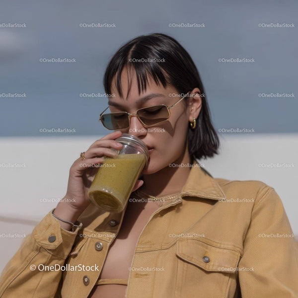 Fashionable Woman Drinking Green Smoothie Outdoors With Sunglasses