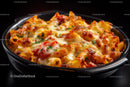 Cheesy Baked Pasta with Tomato Sauce and Herbs in a Black Bowl