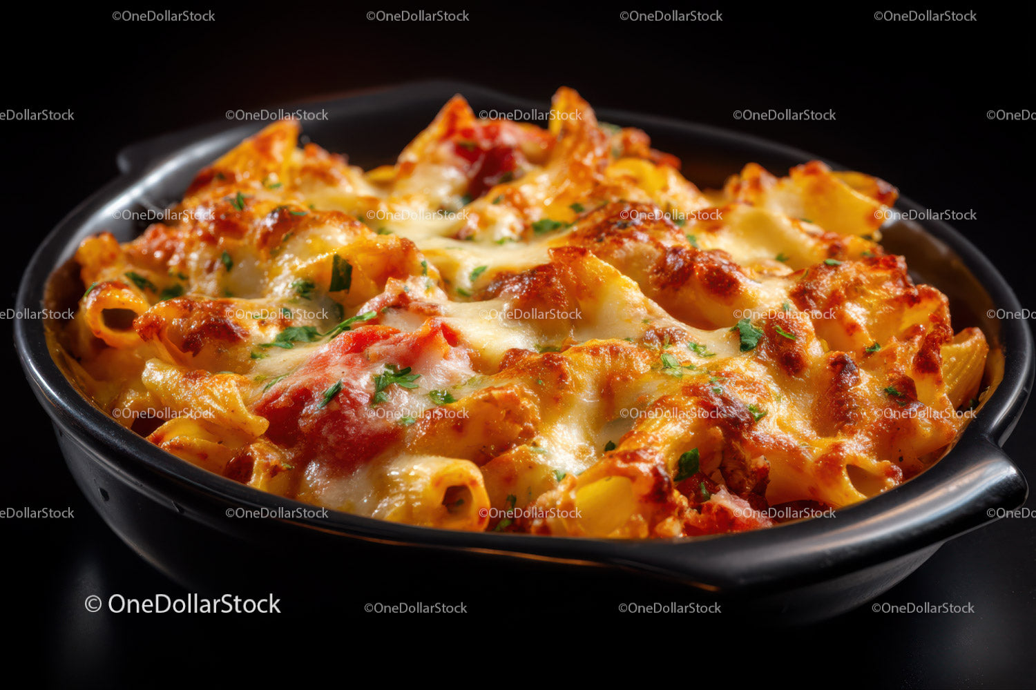 Cheesy Baked Pasta with Tomato Sauce and Herbs in a Black Bowl