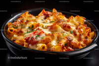 Cheesy Baked Pasta with Tomato Sauce and Herbs in a Black Bowl
