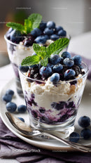 Berry Cheesecake in Glass Cup with Fresh Mint and Blueberries