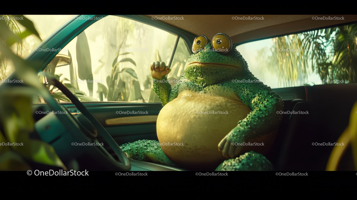 Humorous Green Frog in Car Surrounded by Tropical Nature