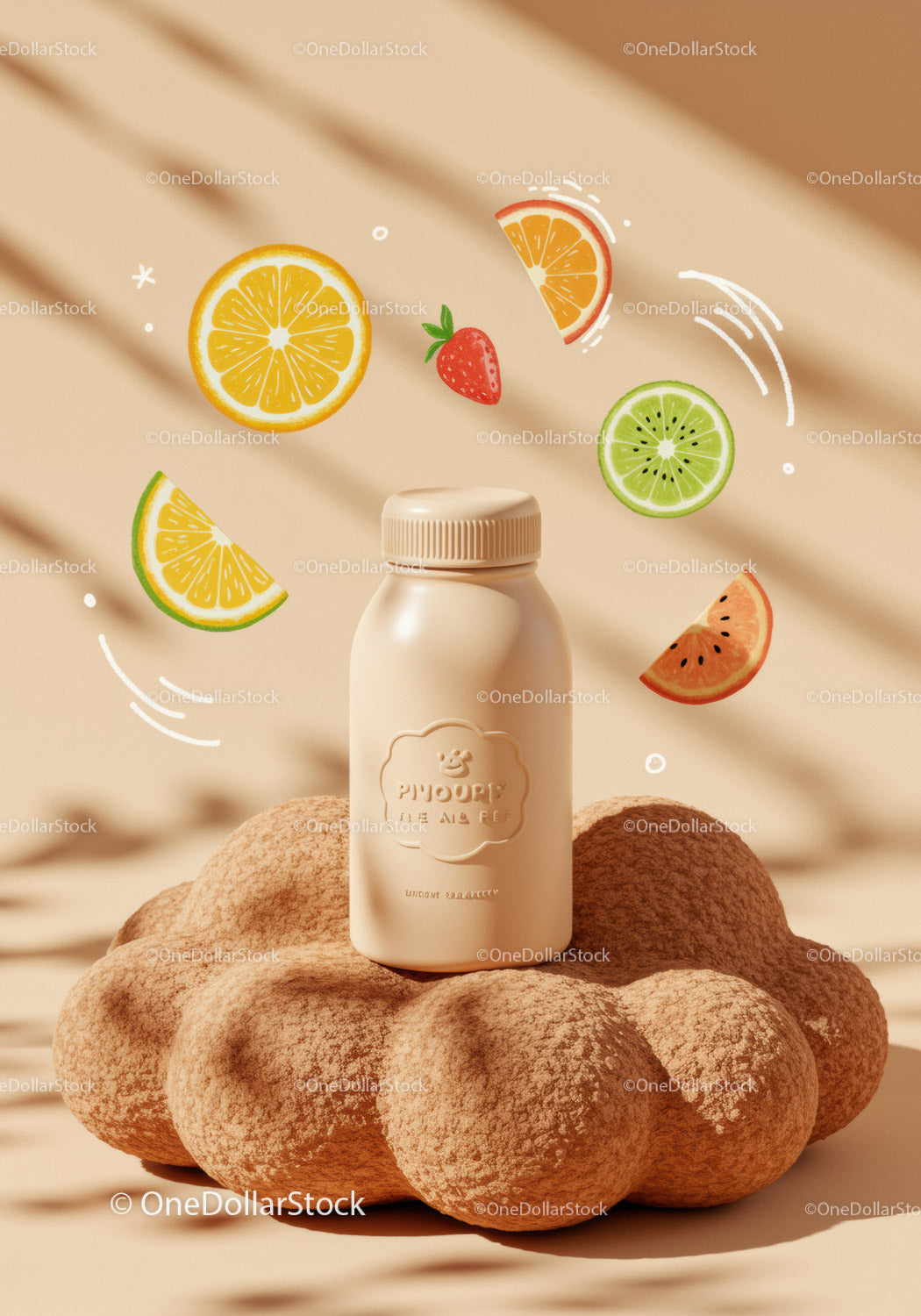 Minimalist bottle with floating vibrant fruit illustrations