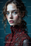 Elegant Woman in Red Beaded Dress with Blue Eyes for Fashion Photography