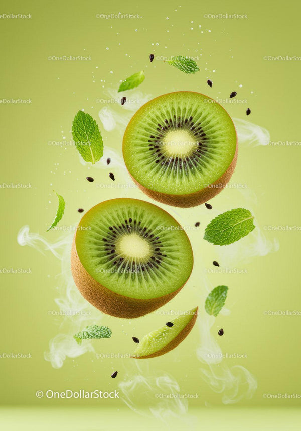 Świeże Plastry Kiwi z Liśćmi Mięty i Efektem Rozbryzgu