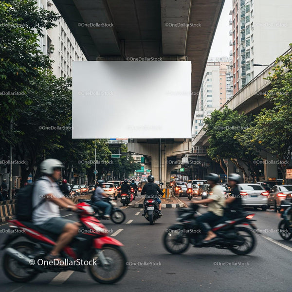 City street traffic with motorcycles riding past billboard JPG Mockup Image
