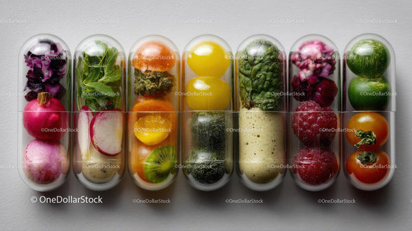 Colorful Vegetable Capsules in Transparent Container for Dietary Supplements