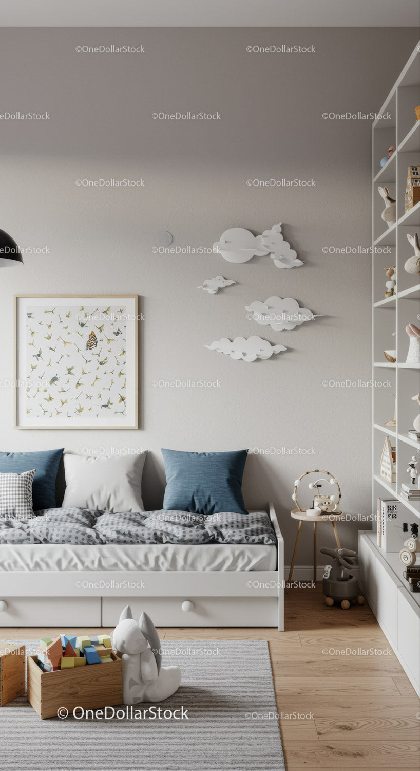 Modern Children's Room with Cloud Wall Art and Cozy Decor