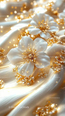 Elegant White Silk Flowers with Gold Glitter on Luxurious Fabric