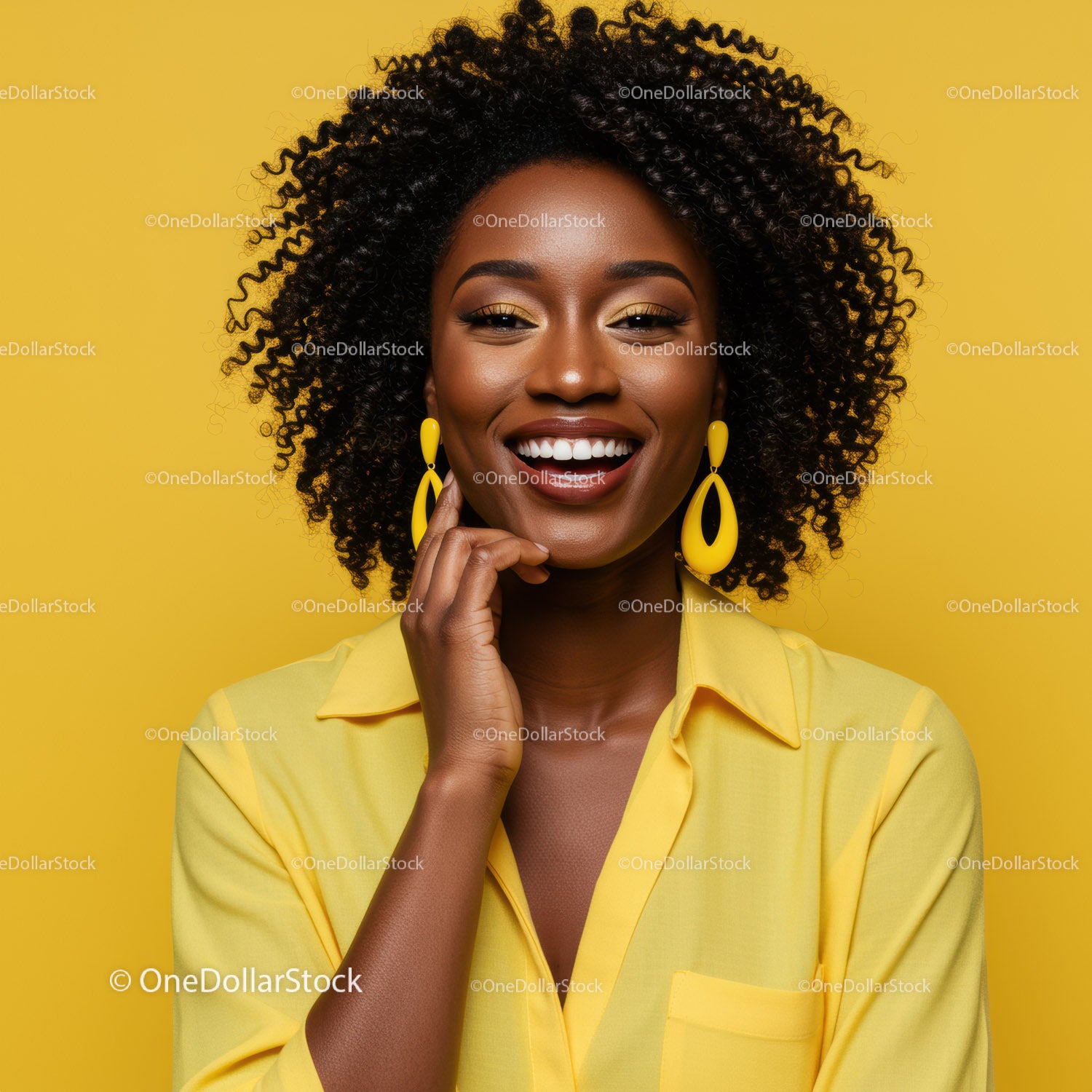 Bright Stylish Female Portrait with Curly Hair and Yellow Accessories