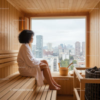Woman Relaxing in Wooden Sauna with City View