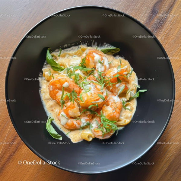 Seafood Shrimp Dish with Creamy Sauce and Fresh Herbs in Black Bowl