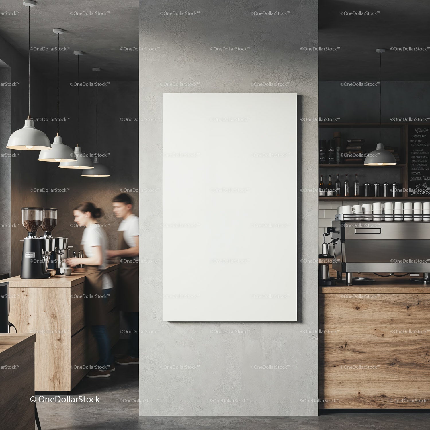 Blank poster in modern cozy coffee shop interior