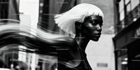 Stylish woman with white hair in urban black and white