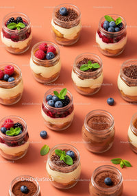Assorted layered dessert jars with fresh berries and mint