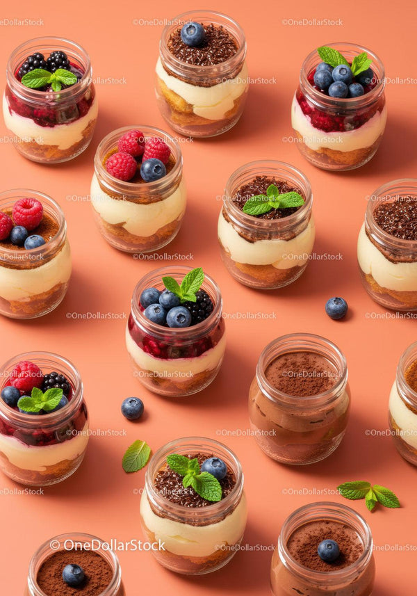 Assorted layered dessert jars with fresh berries and mint