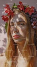 Young Woman with Red Floral Crown and Purple Grapes Outdoor Portrait