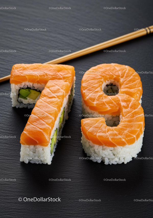 Number-shaped sushi rolls with fresh salmon topping