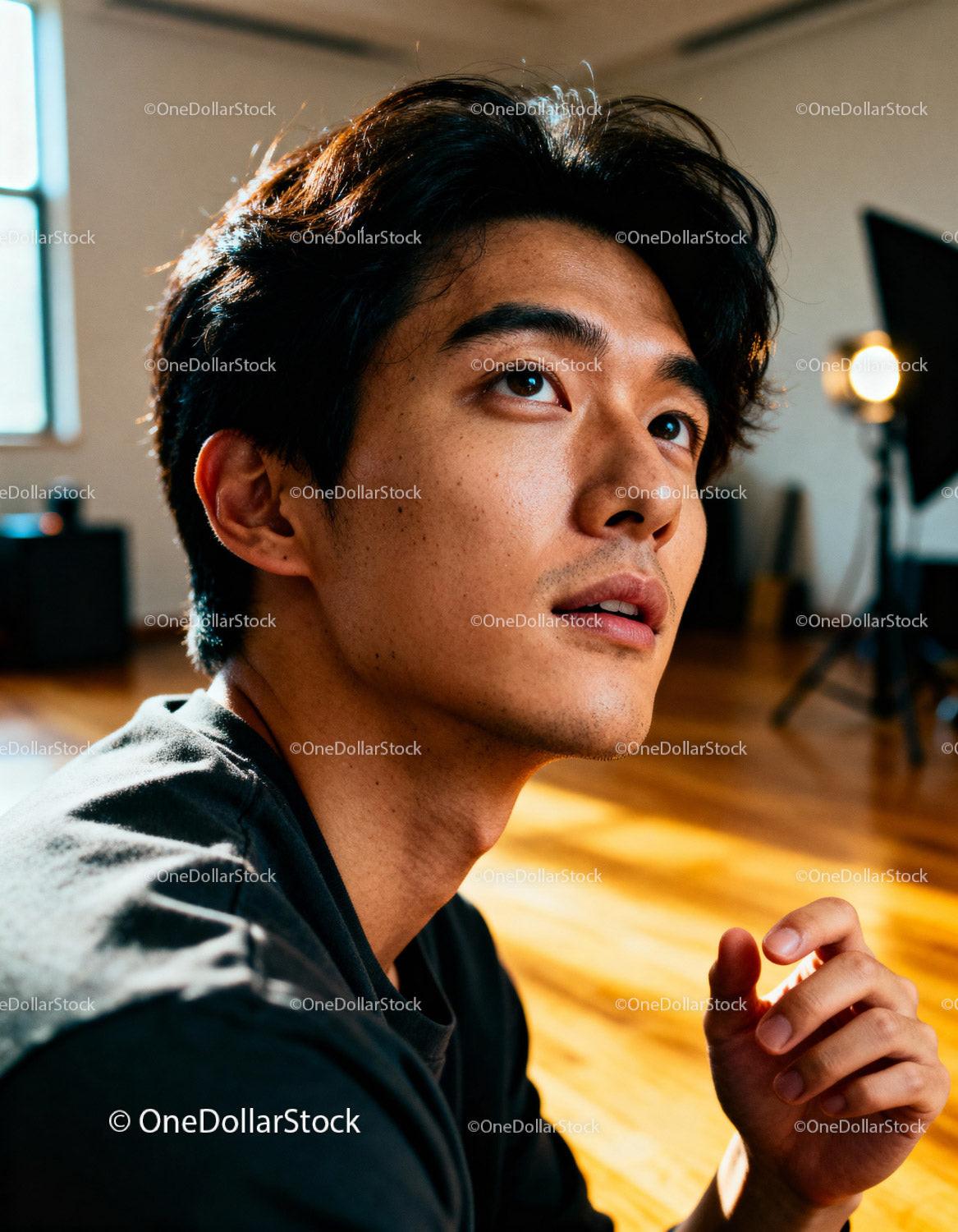 Young man looking up thoughtfully in warm indoor light