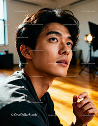 Young man looking up thoughtfully in warm indoor light
