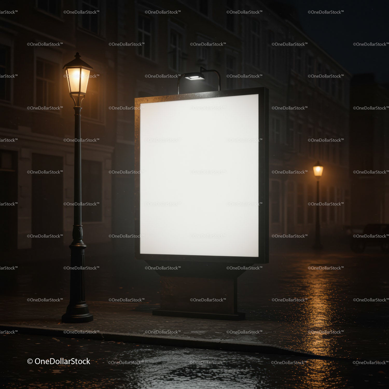 Empty illuminated billboard on wet city street at night
