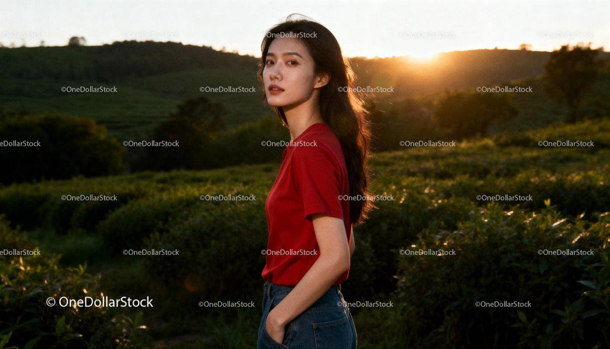 Young woman standing in lush field during sunset