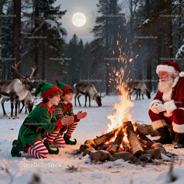 Santa and Elves Warming by Campfire in Snowy Forest