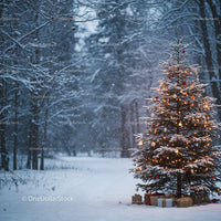 Snowy Christmas tree glowing in peaceful winter forest