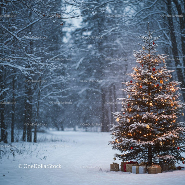 Snowy Christmas tree glowing in peaceful winter forest