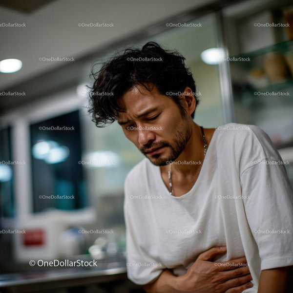 Man Experiencing Stomach Pain or Discomfort Indoors