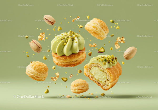 Floating Pistachio Cream Pastries with Crunchy Nuts