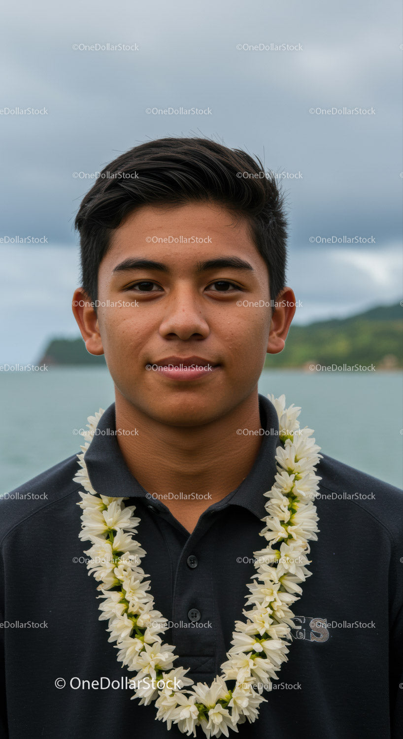 Young Man Wearing Floral Lei Against Tropical Island Landscape