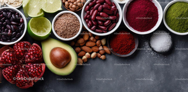 Zdrowe składniki superfoods z świeżym granatem i różnorodnymi orzechami